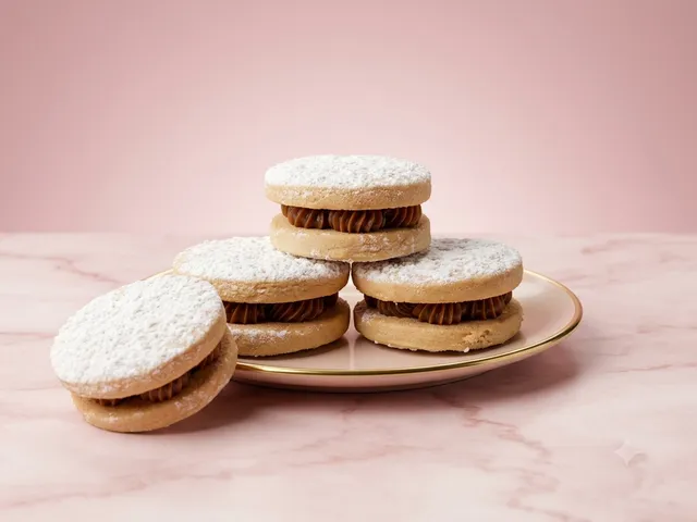 Three alfajores filled with dulce de leche and dusted with powdered sugar, presented on a gold-rimmed plate.