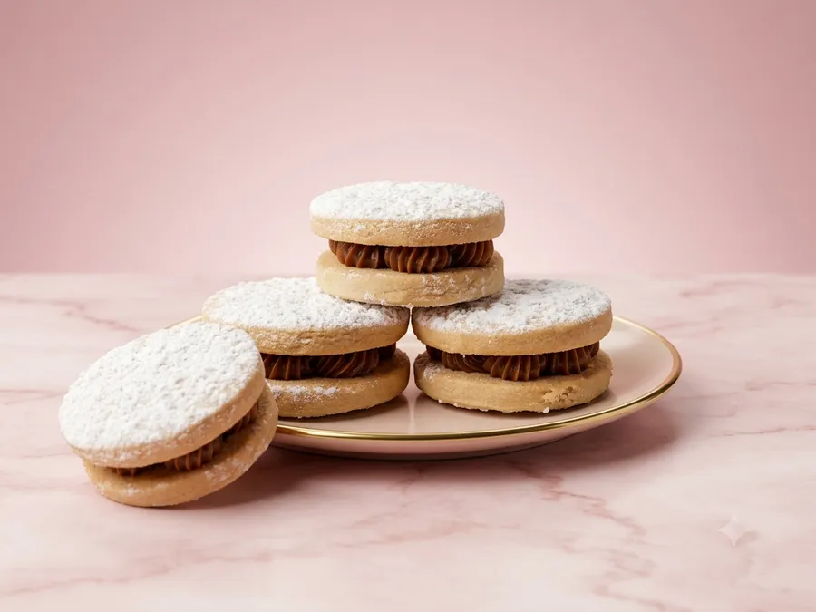 Three alfajores filled with dulce de leche and dusted with powdered sugar, presented on a gold-rimmed plate.