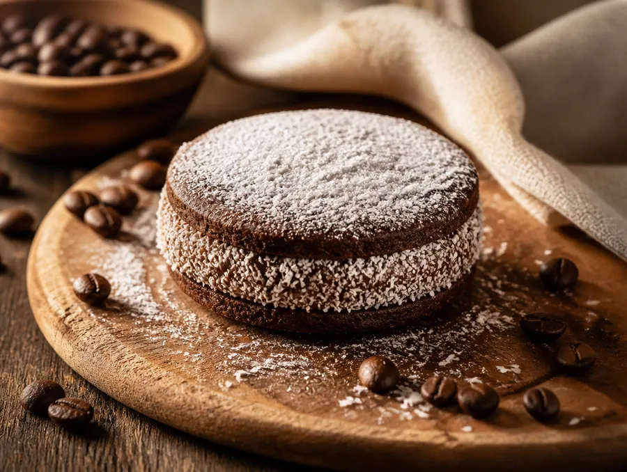 Alfajor de chocolate espolvoreado con coco sobre una tabla de madera rústica.