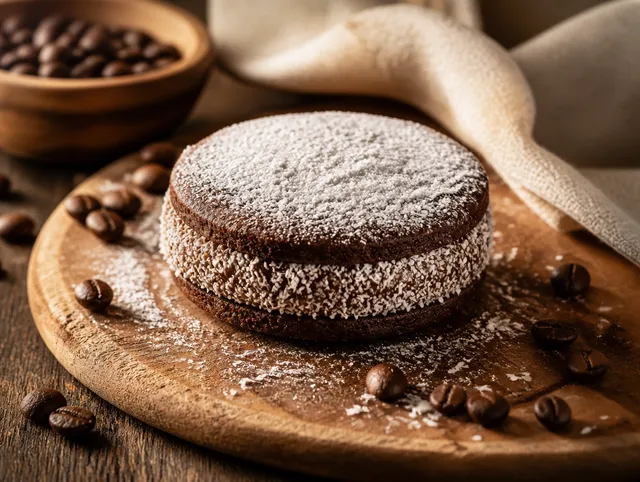 Alfajor de chocolate espolvoreado con coco sobre una tabla de madera rústica.