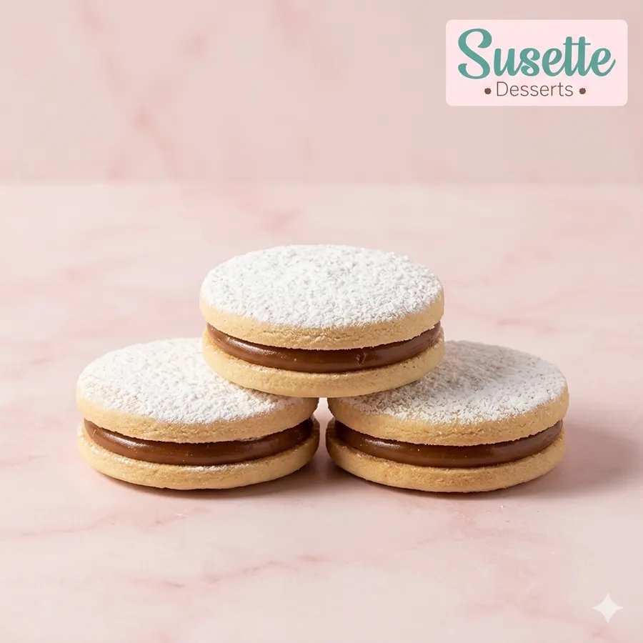 Tres alfajores clásicos de harina apilados, espolvoreados con azúcar impalpable.
