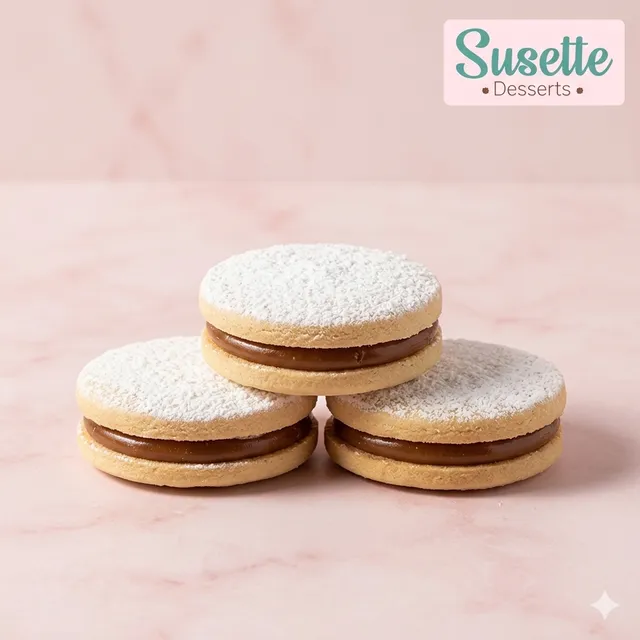 Tres alfajores clásicos de harina apilados, espolvoreados con azúcar impalpable.