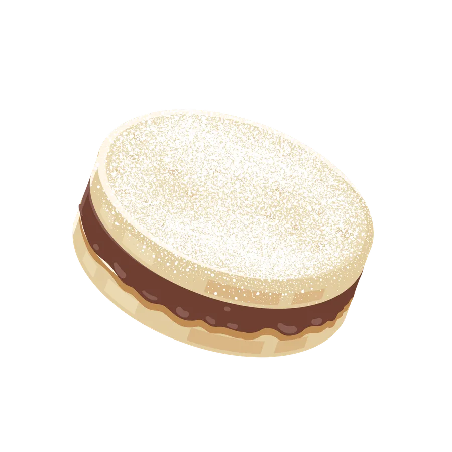 Primer plano de un alfajor de harina mostrando el relleno de dulce de leche.