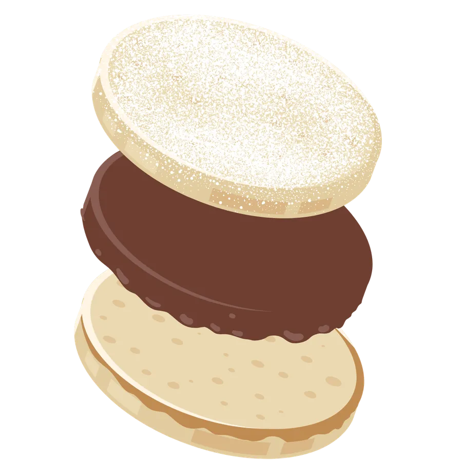 Alfajor de harina con borde de coco rallado sobre fondo claro.