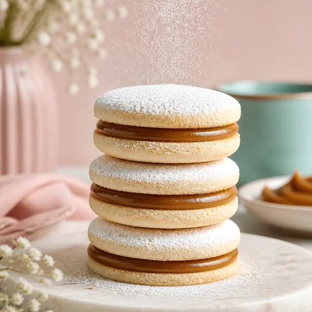 Pila de alfajores cubiertos en abundante azúcar impalpable.