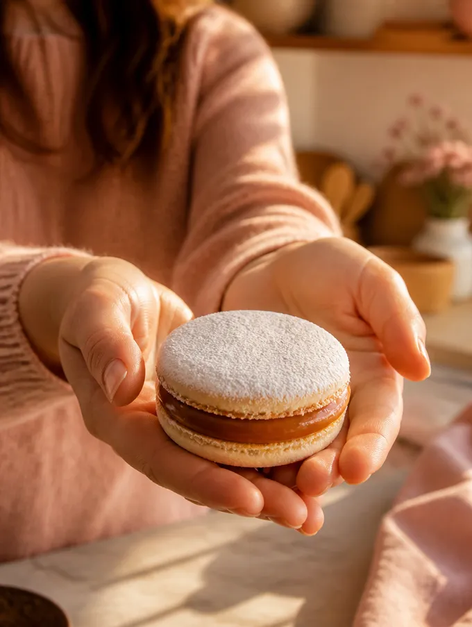 Manos ofreciendo un alfajor recién hecho.