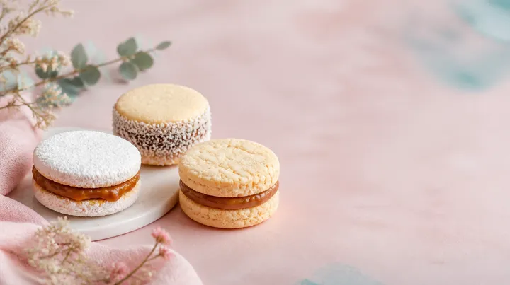Alfajores artesanales de Susette sobre un fondo rosado con flores secas.