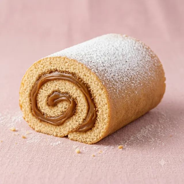 Pionono enrollado con dulce de leche y espolvoreado con azúcar impalpable.