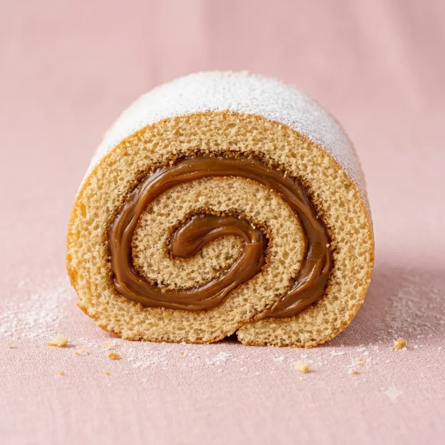 Vista frontal de un pionono mostrando el espiral de dulce de leche.