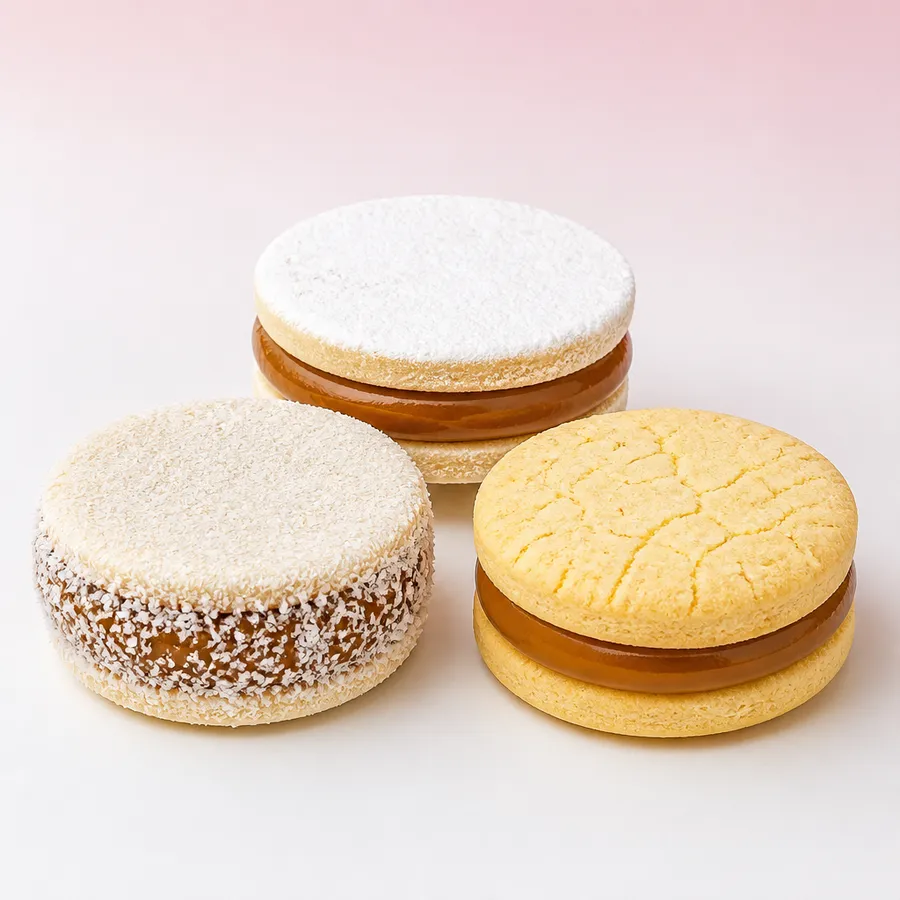 Trío de alfajores de estudio sobre fondo rosado suave.
